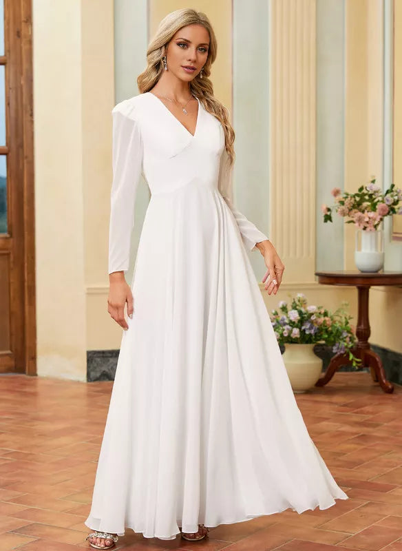A-Line V-Neck Chiffon Long Sleeve Floor-Length Wedding Dress - Chloe Dress