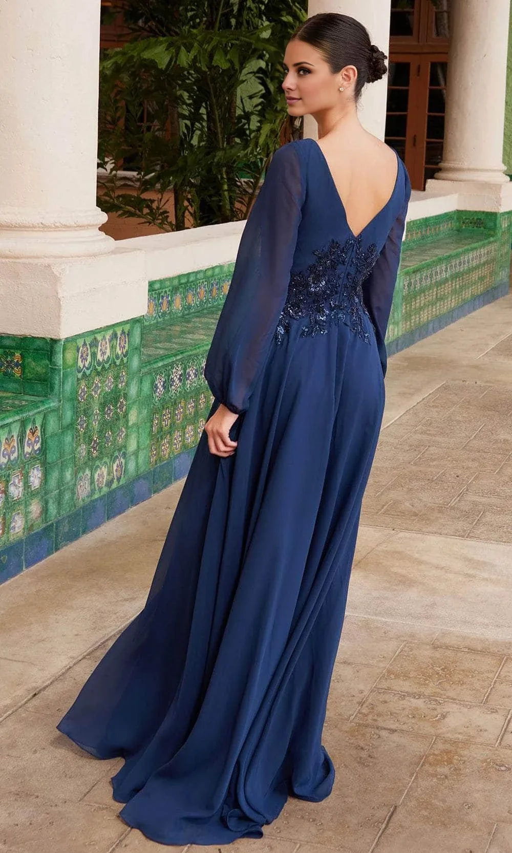 A-Line V-Neck Lace Long Sleeve Backless Floor-Length Dress - Chloe Dress
