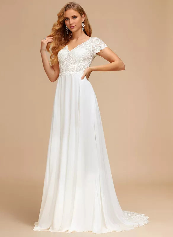 A-Line V-Neck Chiffon Short Sleeve Mini Wedding Dress - Chloe Dress
