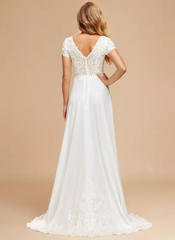 A-Line V-Neck Chiffon Short Sleeve Mini Wedding Dress - Chloe Dress