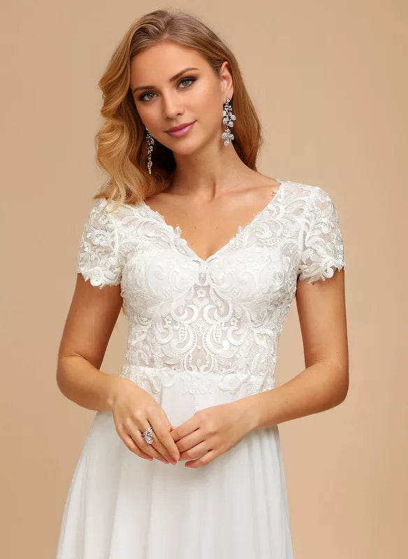 A-Line V-Neck Chiffon Short Sleeve Mini Wedding Dress - Chloe Dress