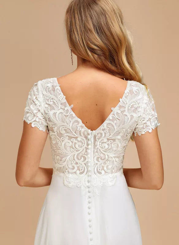 A-Line V-Neck Chiffon Short Sleeve Mini Wedding Dress - Chloe Dress