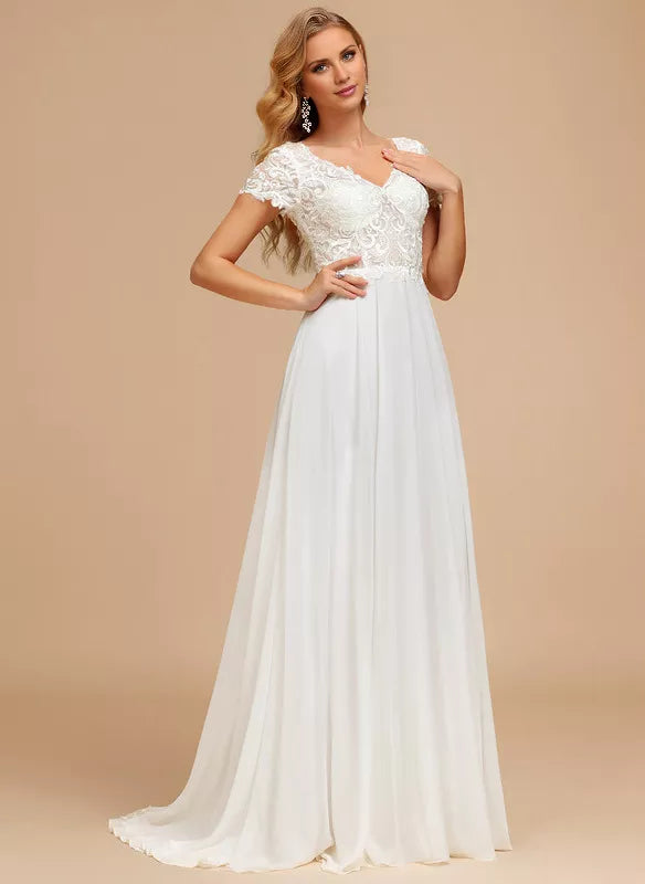 A-Line V-Neck Chiffon Short Sleeve Mini Wedding Dress - Chloe Dress