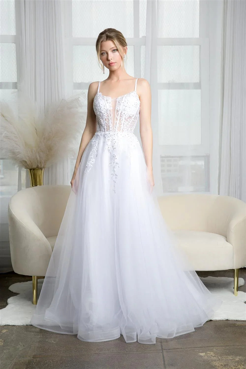Long Sleeve Lace-Up Back Embroidered Wedding Dress - Chloe Dress