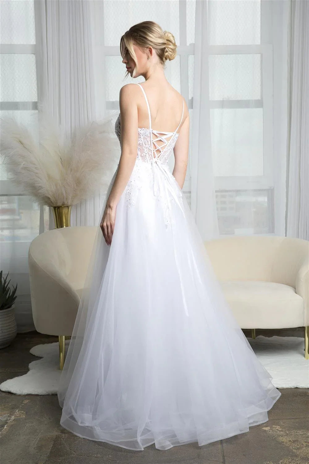 Long Sleeve Lace-Up Back Embroidered Wedding Dress - Chloe Dress