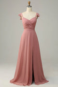 Dusty Rose A-Line Chiffon High Slit Wedding Dress - Chloe Dress