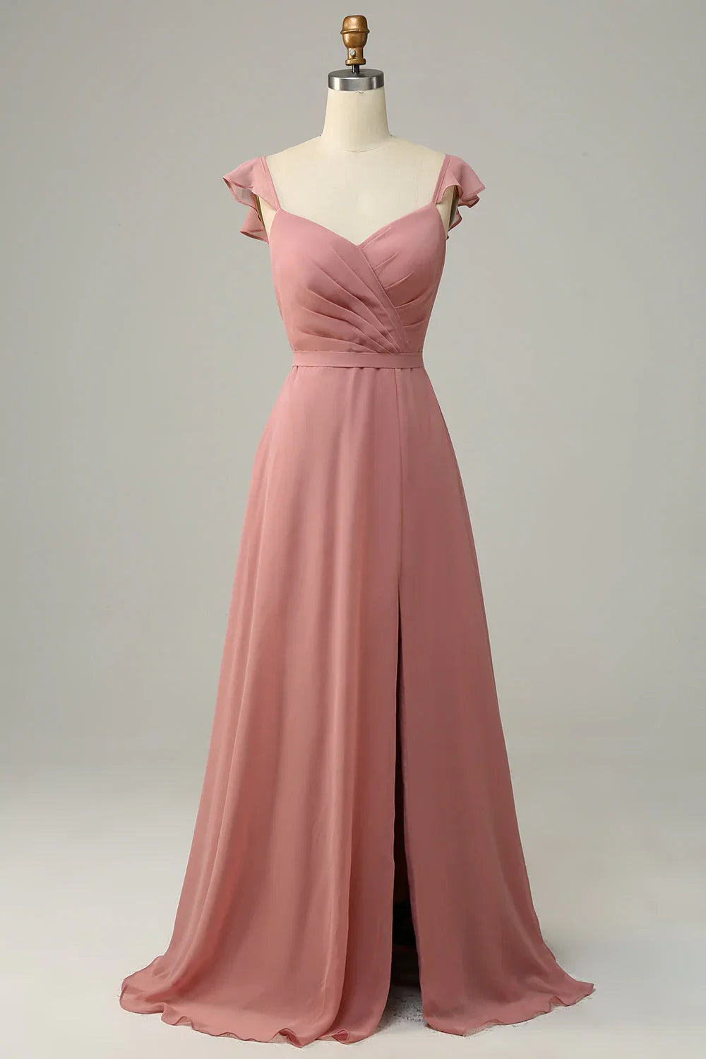 Dusty Rose A-Line Chiffon High Slit Wedding Dress - Chloe Dress