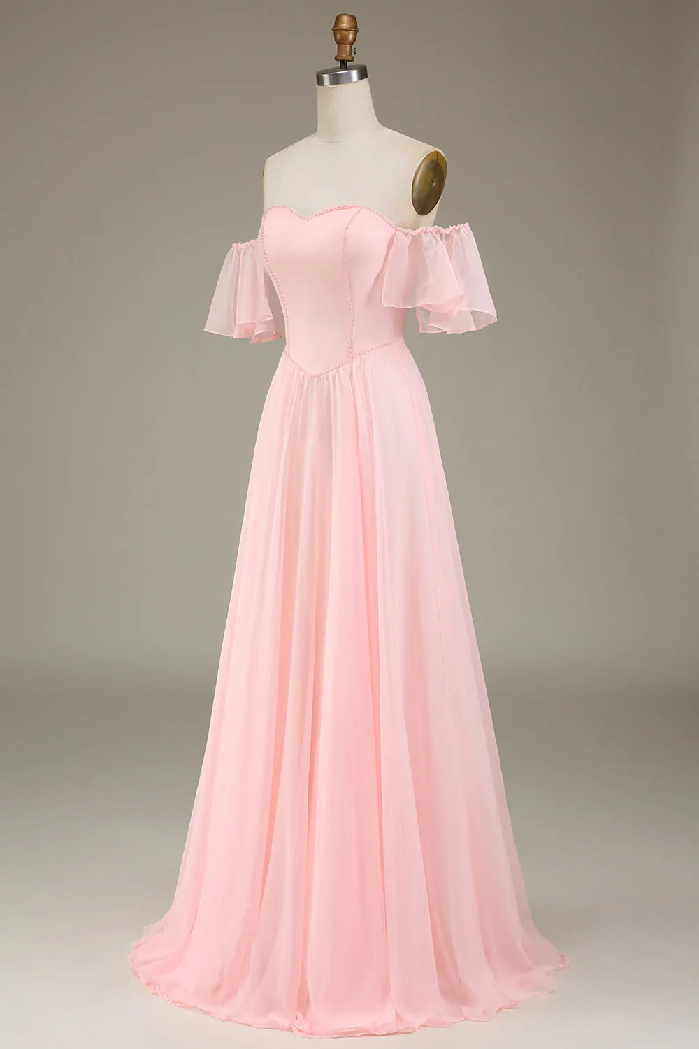 Pink A-Line Off-Shoulder Chiffon Wedding Dress - Chloe Dress