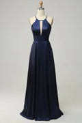 Navy Blue Satin Open Back Wedding Dress - Chloe Dress