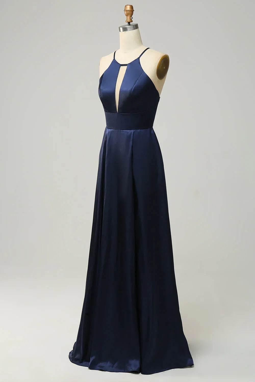 Navy Blue Satin Open Back Wedding Dress - Chloe Dress