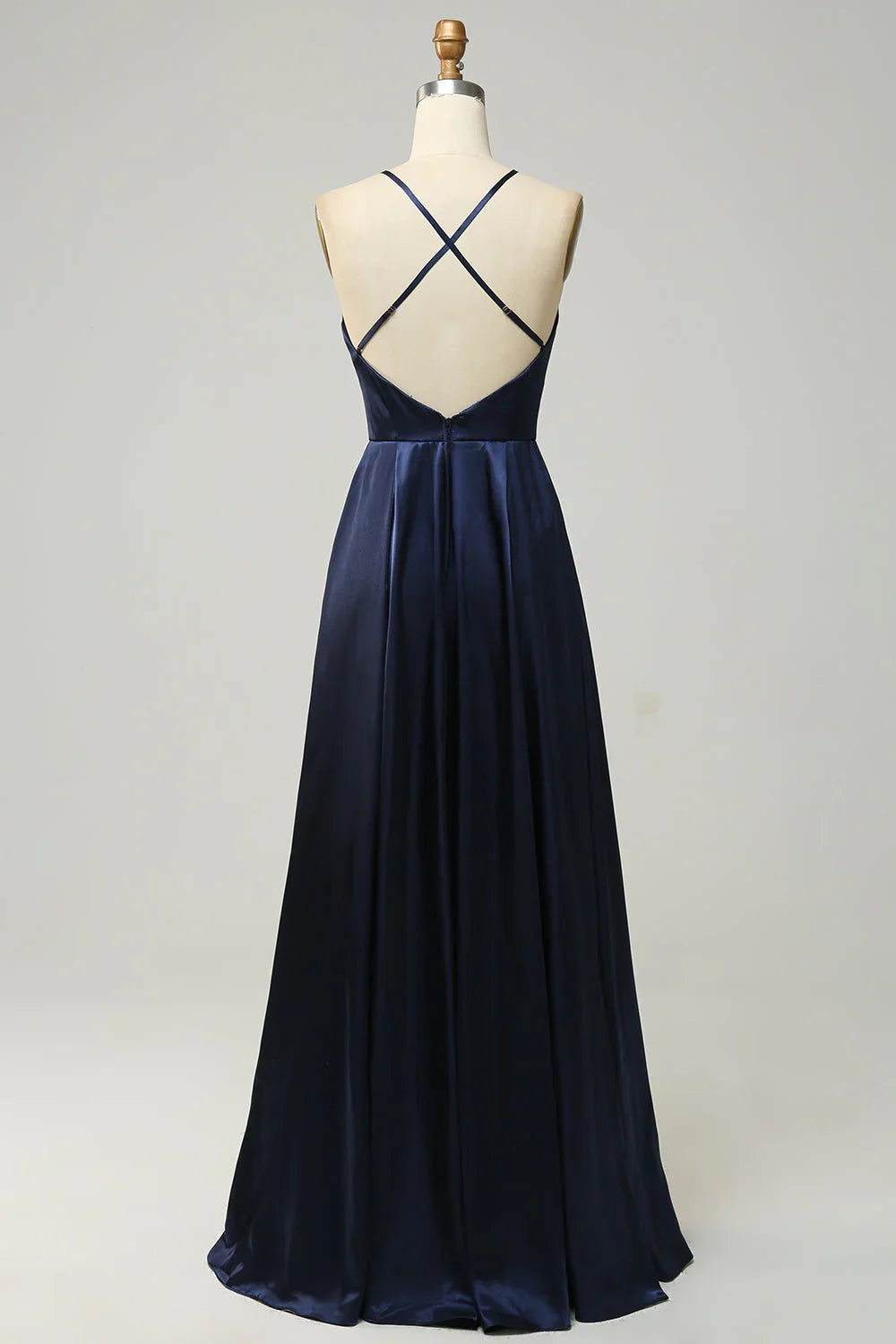Navy Blue Satin Open Back Wedding Dress - Chloe Dress