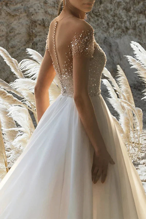 A-Line Short Sleeve Beaded Mini Wedding Dress - Chloe Dress