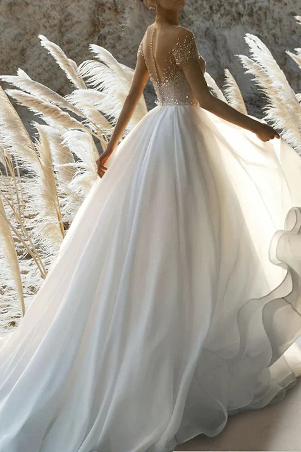 A-Line Short Sleeve Beaded Mini Wedding Dress - Chloe Dress
