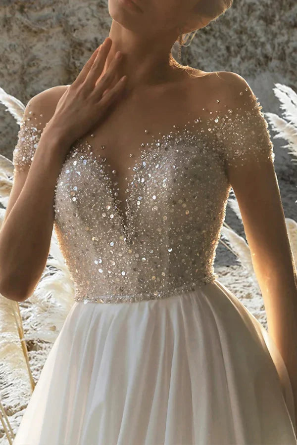 A-Line Short Sleeve Beaded Mini Wedding Dress - Chloe Dress