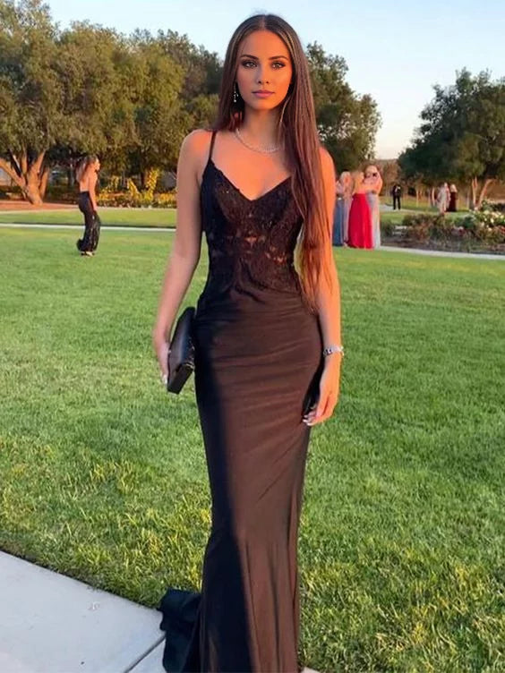 Sheath Spaghetti Strap Lace Train Evening Dress - Chloe Dress