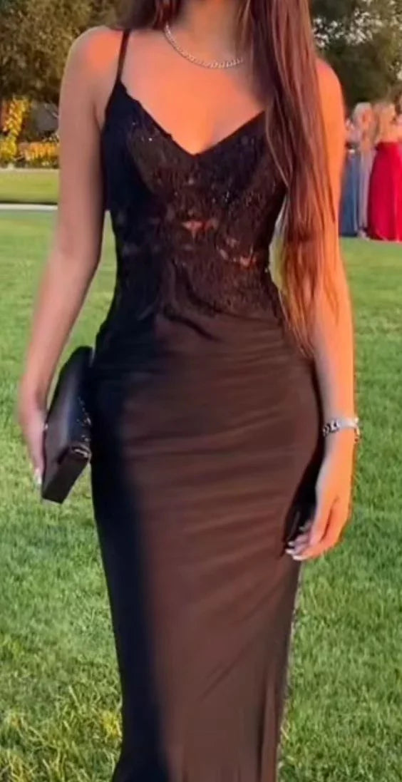 Sheath Spaghetti Strap Lace Train Evening Dress - Chloe Dress