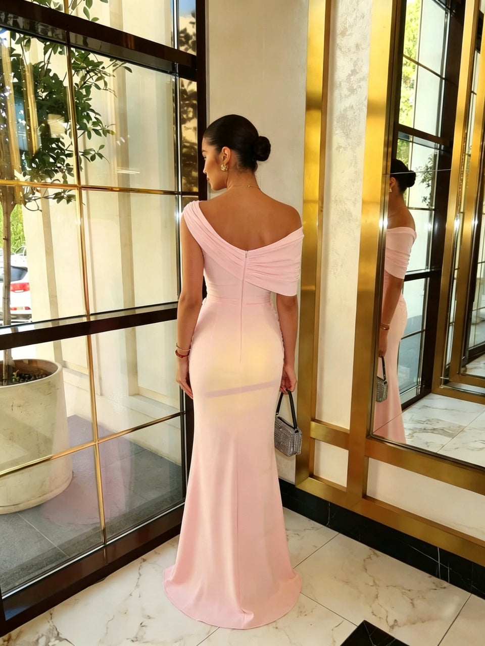 Mermaid One-Shoulder Crepe Draped Floor-Length Evening Dress - Chloe Dress