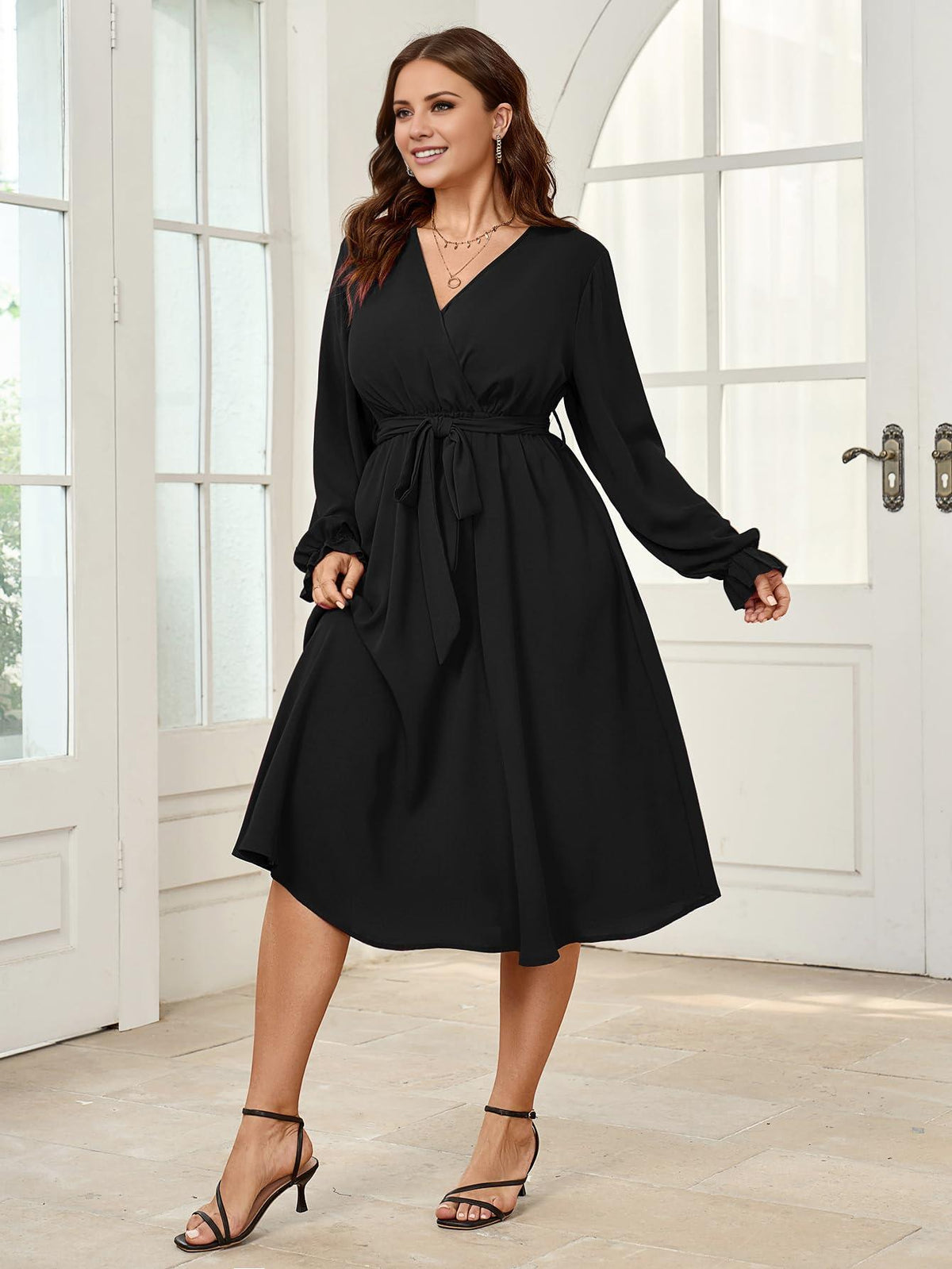 A-Line V-Neck Long Sleeve Wrap Evening Dress - Chloe Dress