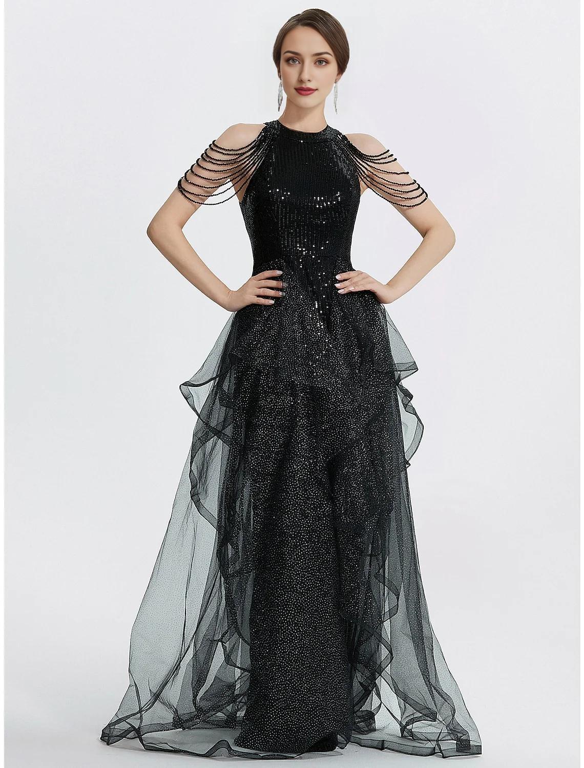 Black Mermaid Tulle Short Sleeve Floor-Length Prom Dress - Chloe Dress
