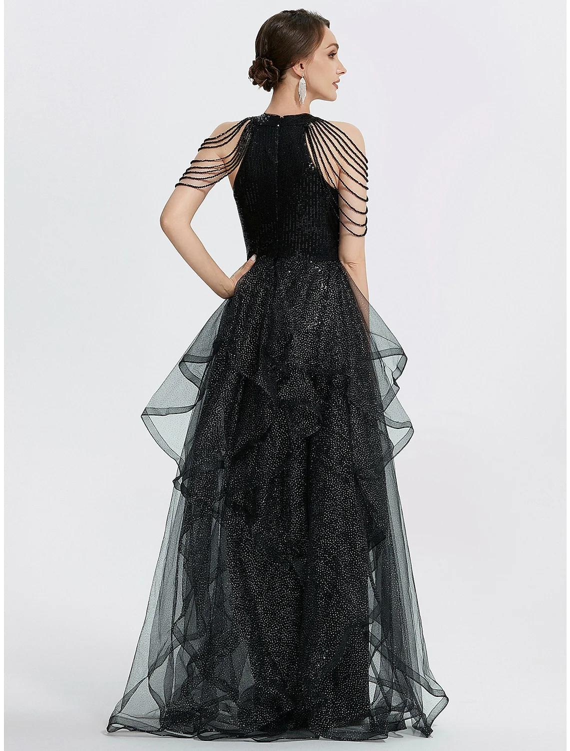 Black Mermaid Tulle Short Sleeve Floor-Length Prom Dress - Chloe Dress