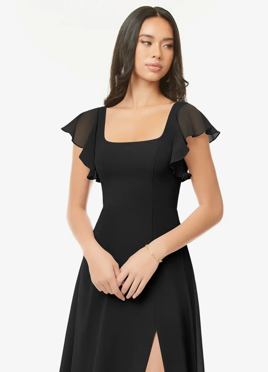 Black Square Neck Chiffon High Slit Wedding Dress - Chloe Dress