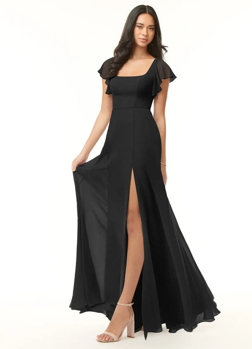Black Square Neck Chiffon High Slit Wedding Dress - Chloe Dress