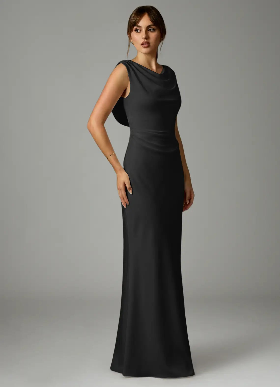 Black Cowl Neck Satin Draped Wedding Dress - Chloe Dress