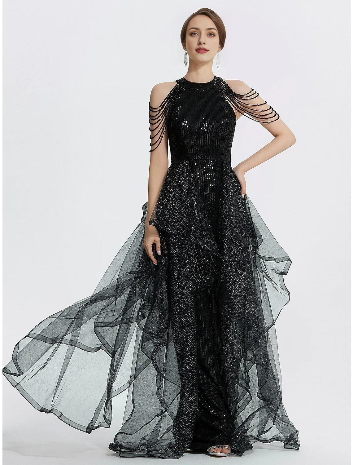 Black Mermaid Tulle Short Sleeve Floor-Length Prom Dress - Chloe Dress