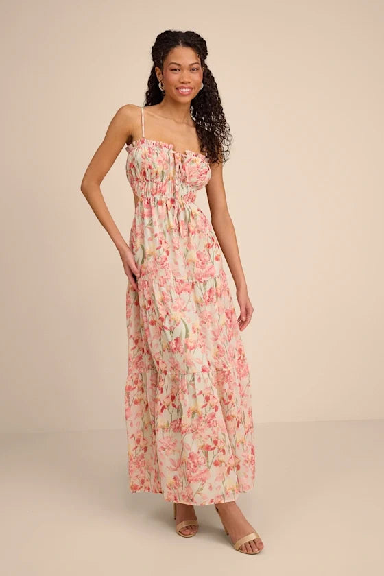 Pink Spaghetti Strap Chiffon Open Back Tiered Prom Dress - Chloe Dress