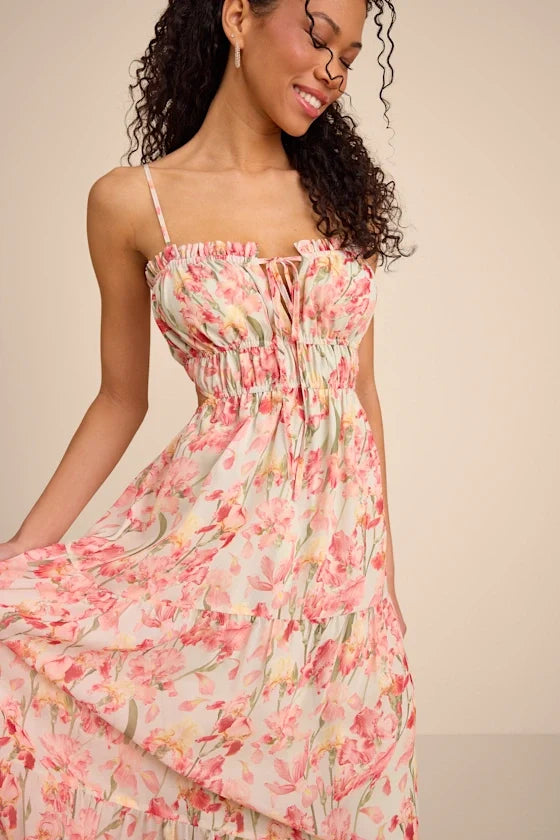 Pink Spaghetti Strap Chiffon Open Back Tiered Prom Dress - Chloe Dress