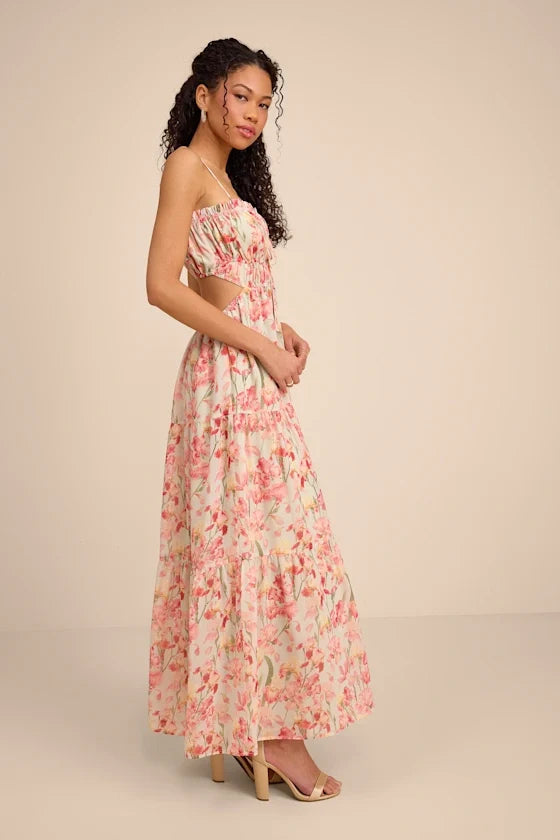 Pink Spaghetti Strap Chiffon Open Back Tiered Prom Dress - Chloe Dress