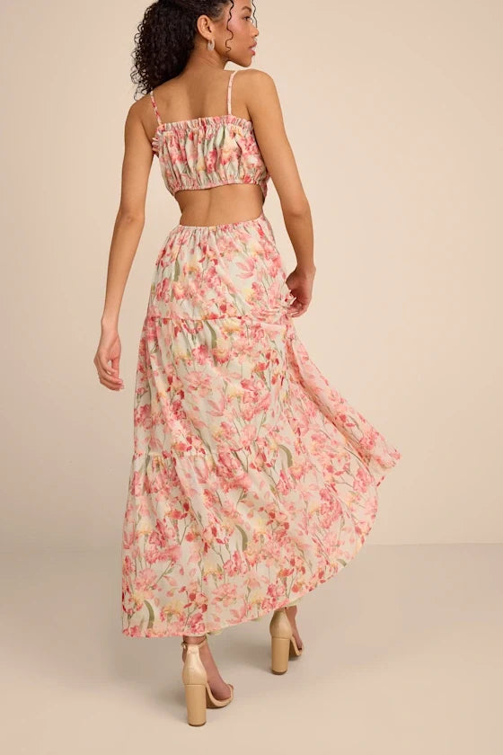 Pink Spaghetti Strap Chiffon Open Back Tiered Prom Dress - Chloe Dress