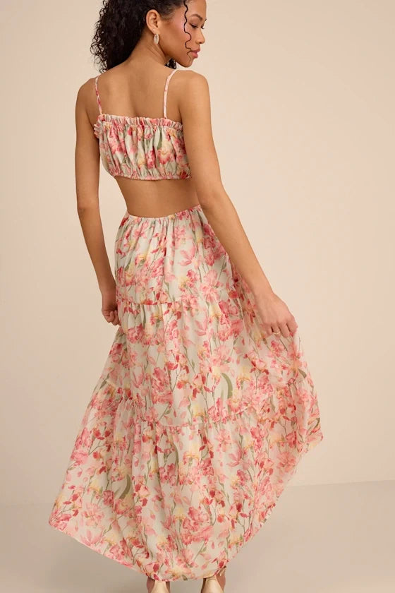 Pink Spaghetti Strap Chiffon Open Back Tiered Prom Dress - Chloe Dress