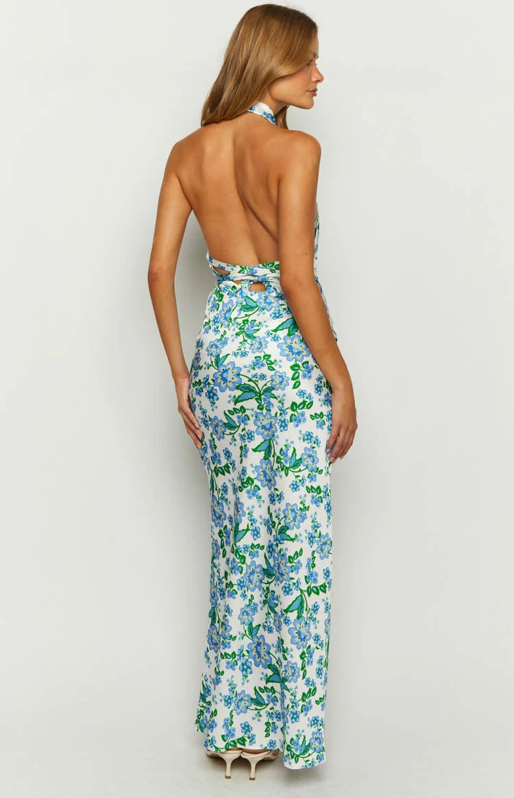 Blue Halter Satin Backless Floor-Length Formal Dress - Chloe Dress