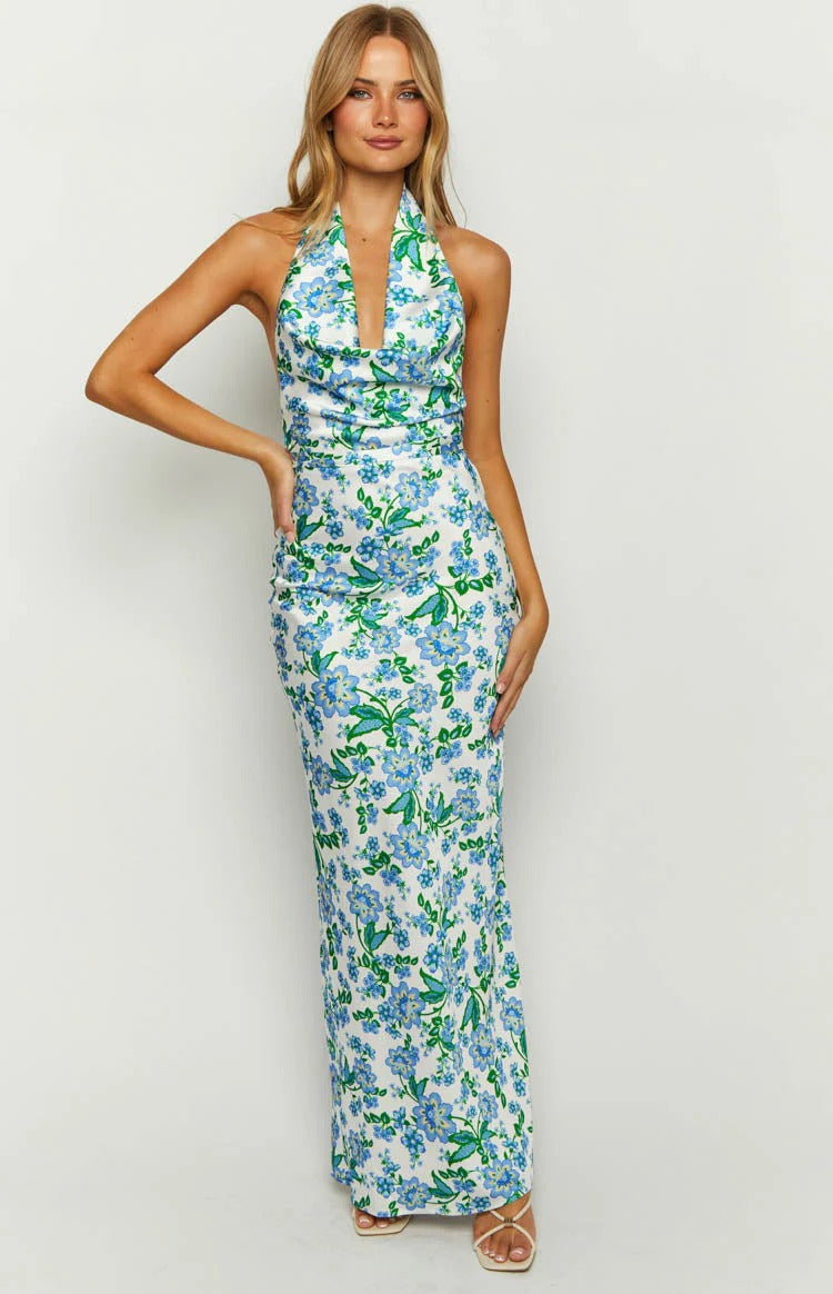 Blue Halter Satin Backless Floor-Length Formal Dress - Chloe Dress