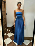 Blue Strapless Satin Open Back Pleated Floor-Length Evening Dress - Chloe Dress