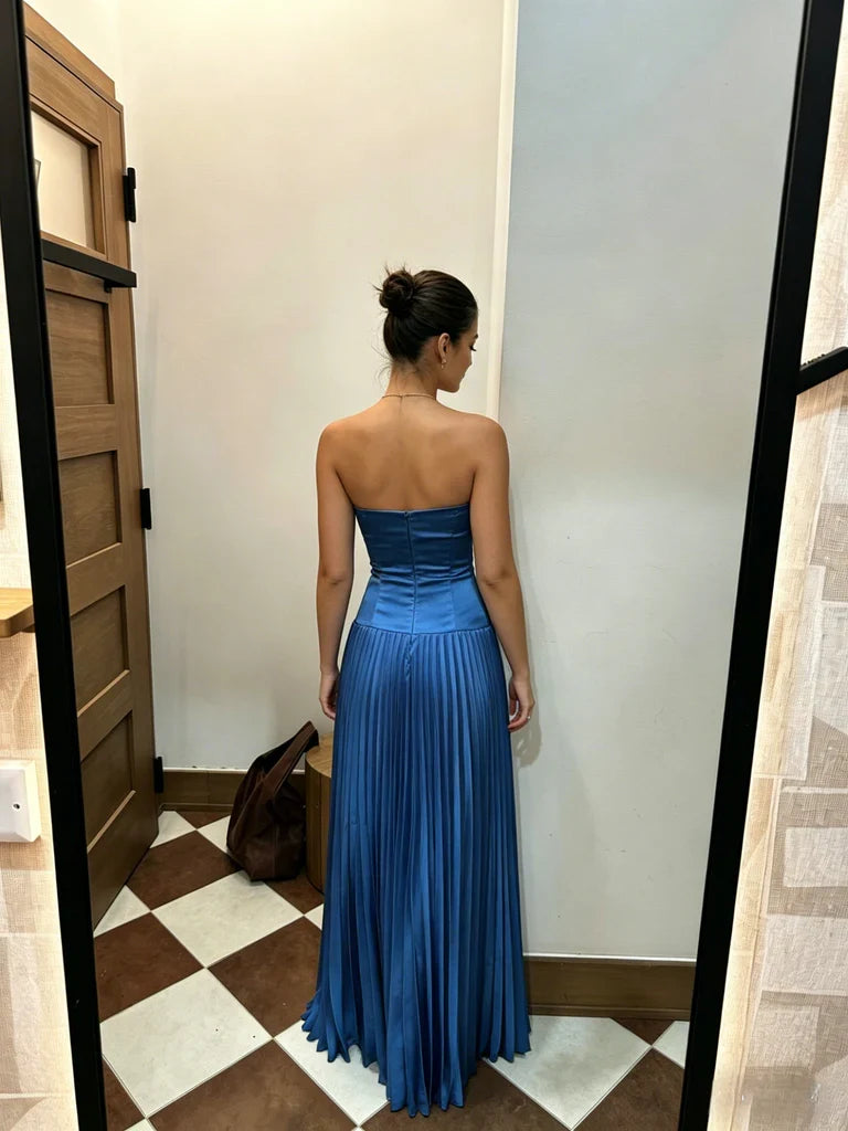 Blue Strapless Satin Open Back Pleated Floor-Length Evening Dress - Chloe Dress