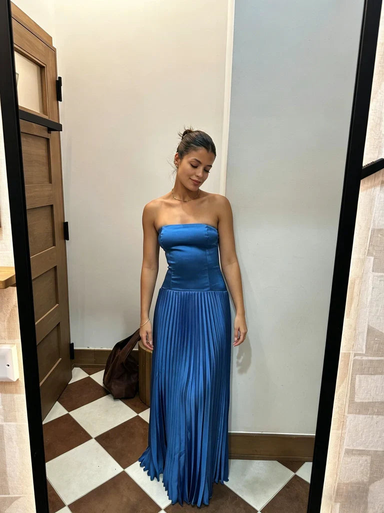 Blue Strapless Satin Open Back Pleated Floor-Length Evening Dress - Chloe Dress