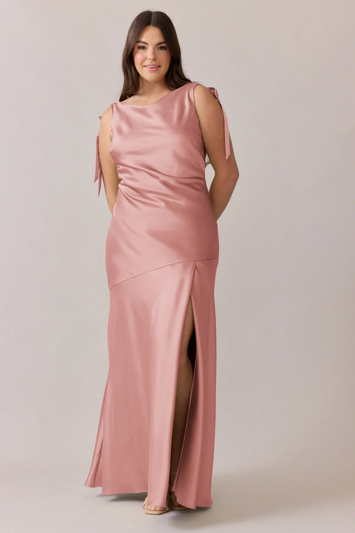 Blush Pink Square Neck Satin Open Back High Slit Wedding Dress - Chloe Dress
