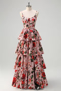 Blush Pink Spaghetti Strap Satin Tiered Floor-Length Dress - Chloe Dress