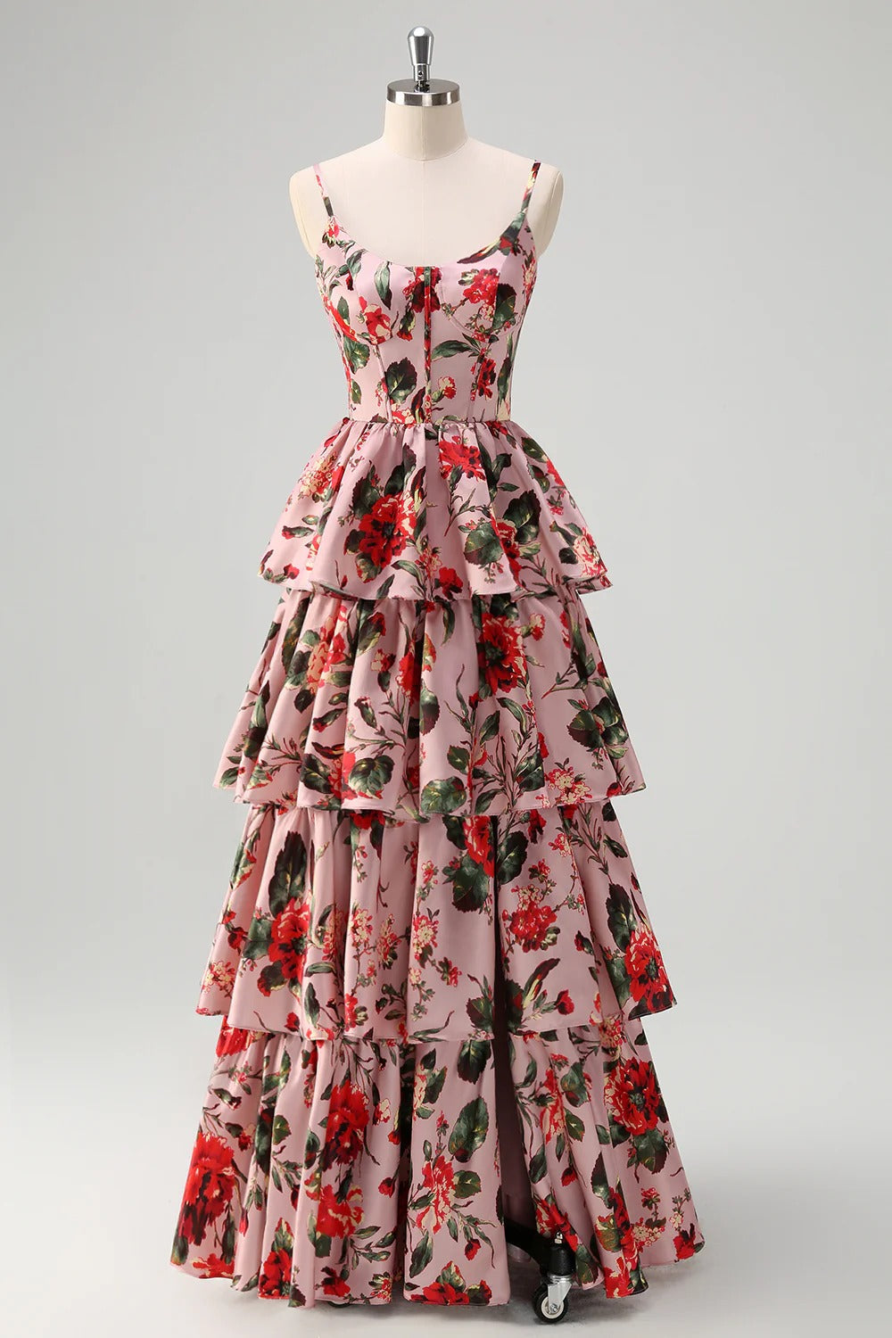Blush Pink Spaghetti Strap Satin Tiered Floor-Length Dress - Chloe Dress