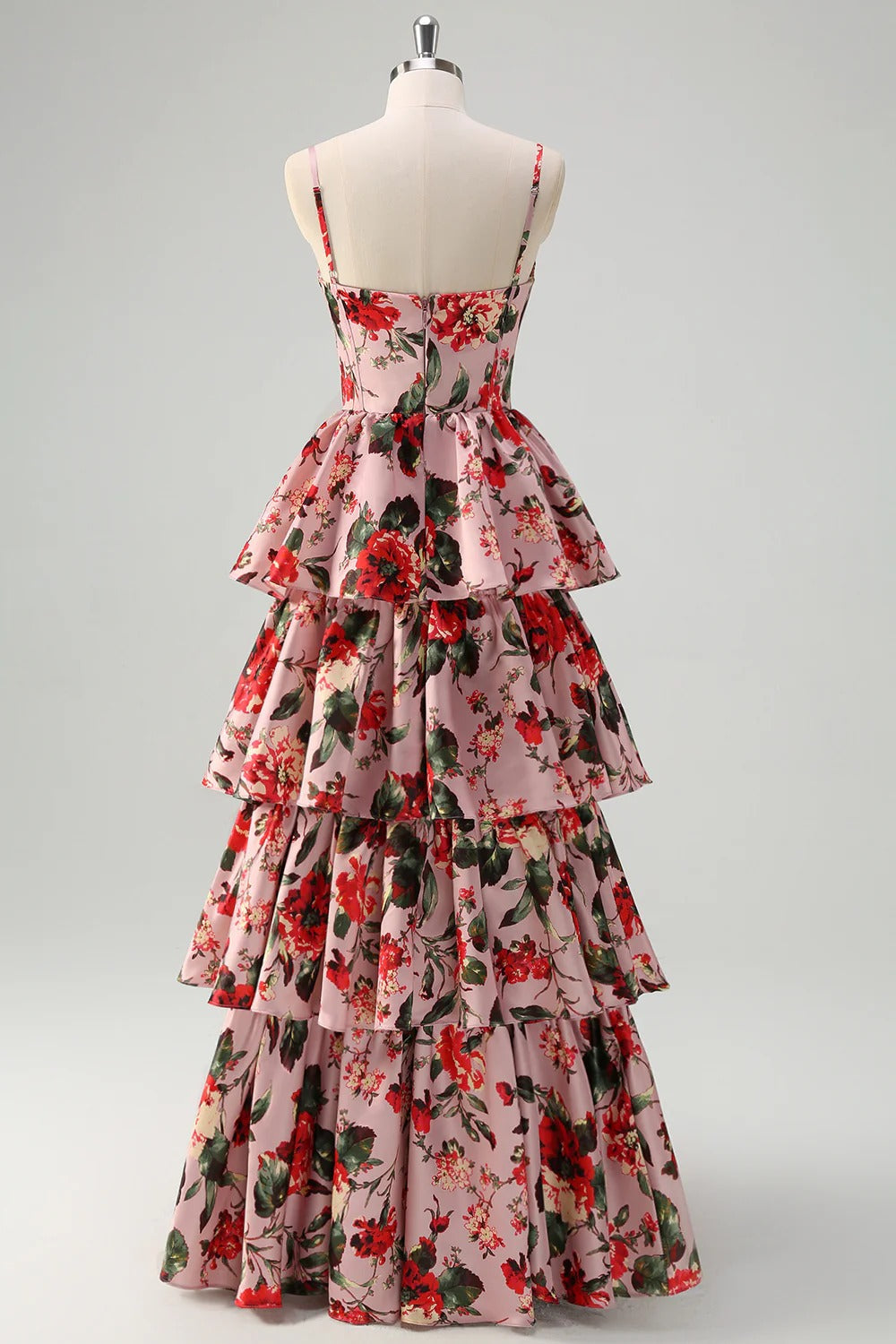 Blush Pink Spaghetti Strap Satin Tiered Floor-Length Dress - Chloe Dress