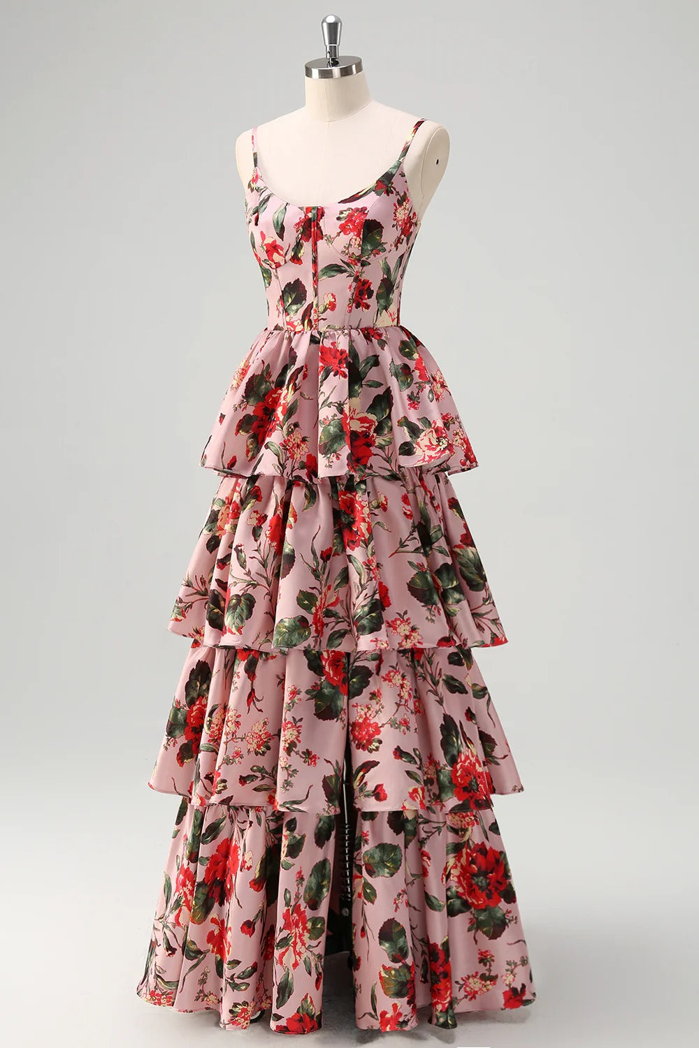 Blush Pink Spaghetti Strap Satin Tiered Floor-Length Dress - Chloe Dress