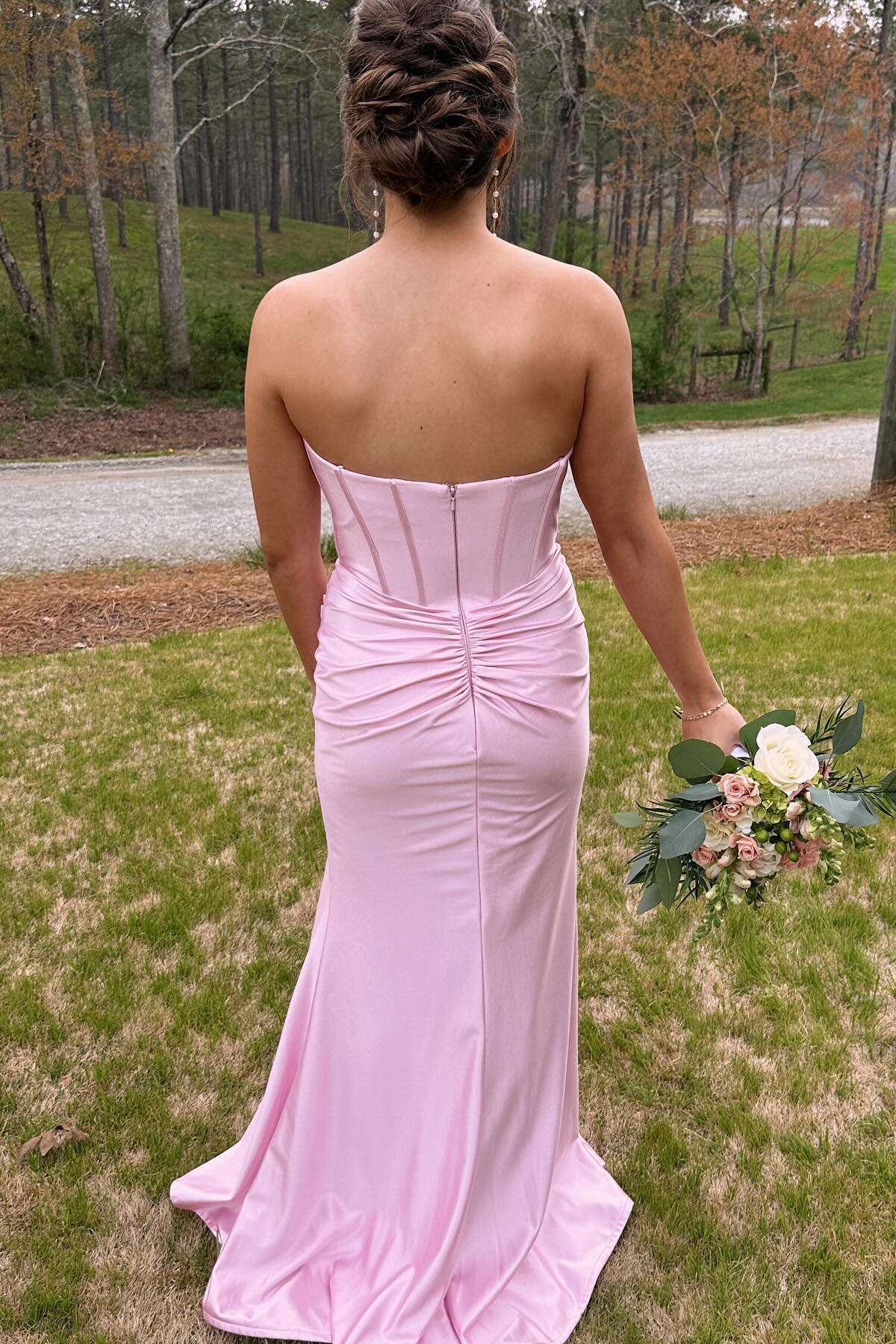 Blush Pink Mermaid Strapless Satin Lace-Up Back Prom Dress - Chloe Dress