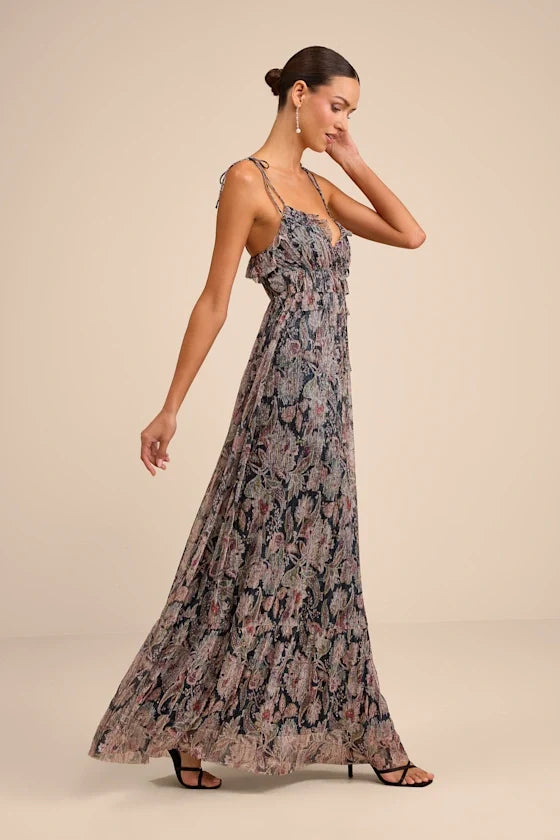 V-Neck Chiffon Ruffled Floor-Length Evening Dress - Chloe Dress
