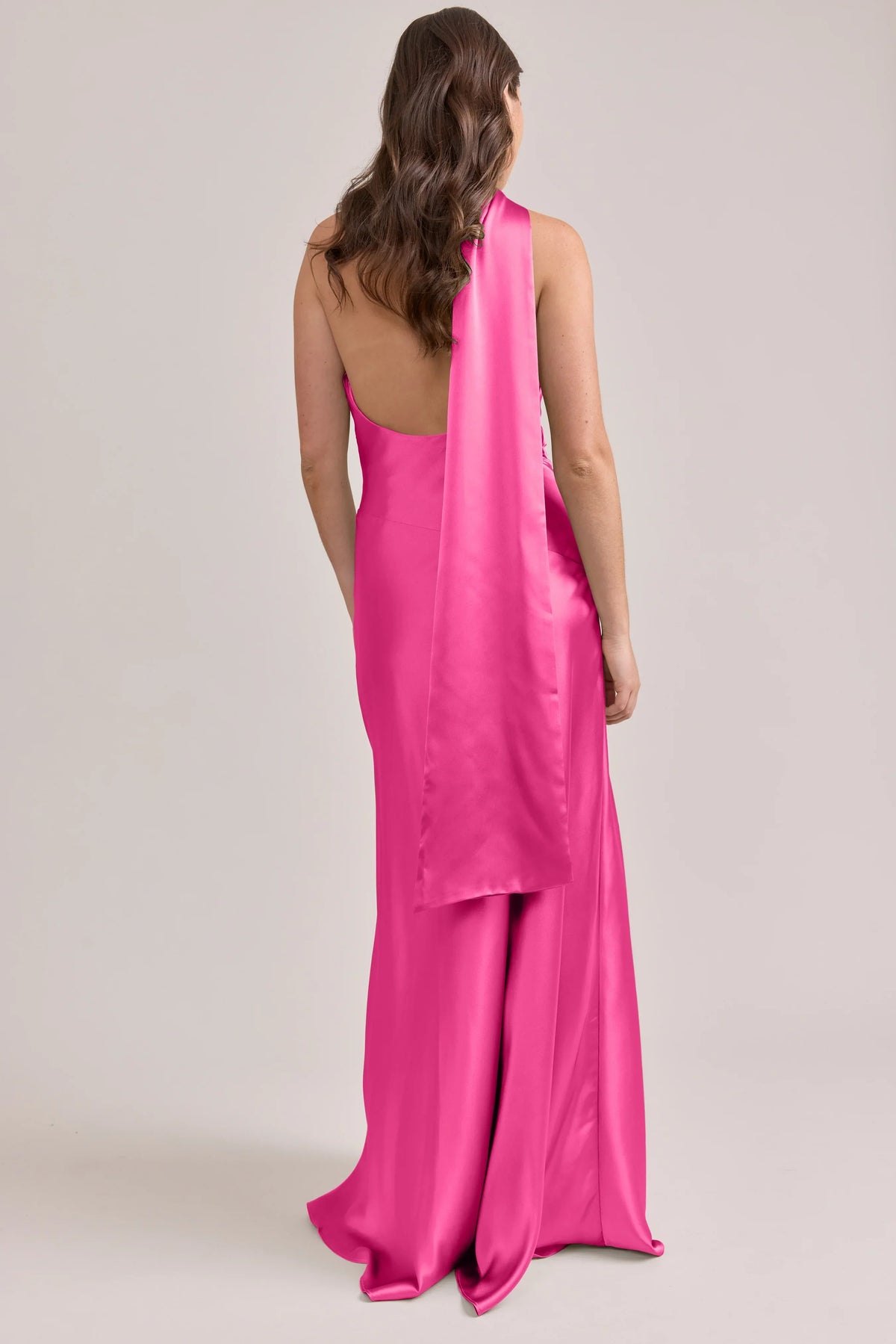 Hot Pink One-Shoulder Satin Open Back Floor-Length Wedding Dress - Chloe Dress