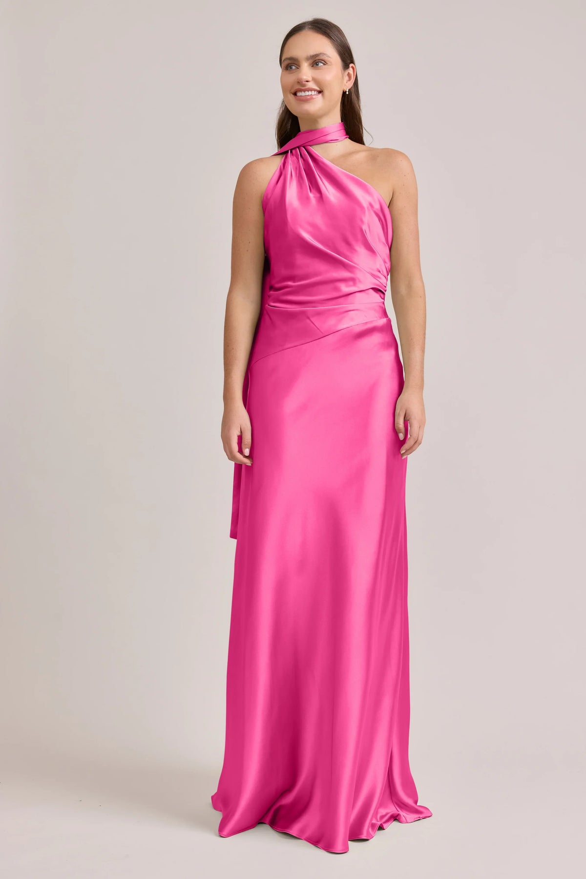 Hot Pink One-Shoulder Satin Open Back Floor-Length Wedding Dress - Chloe Dress