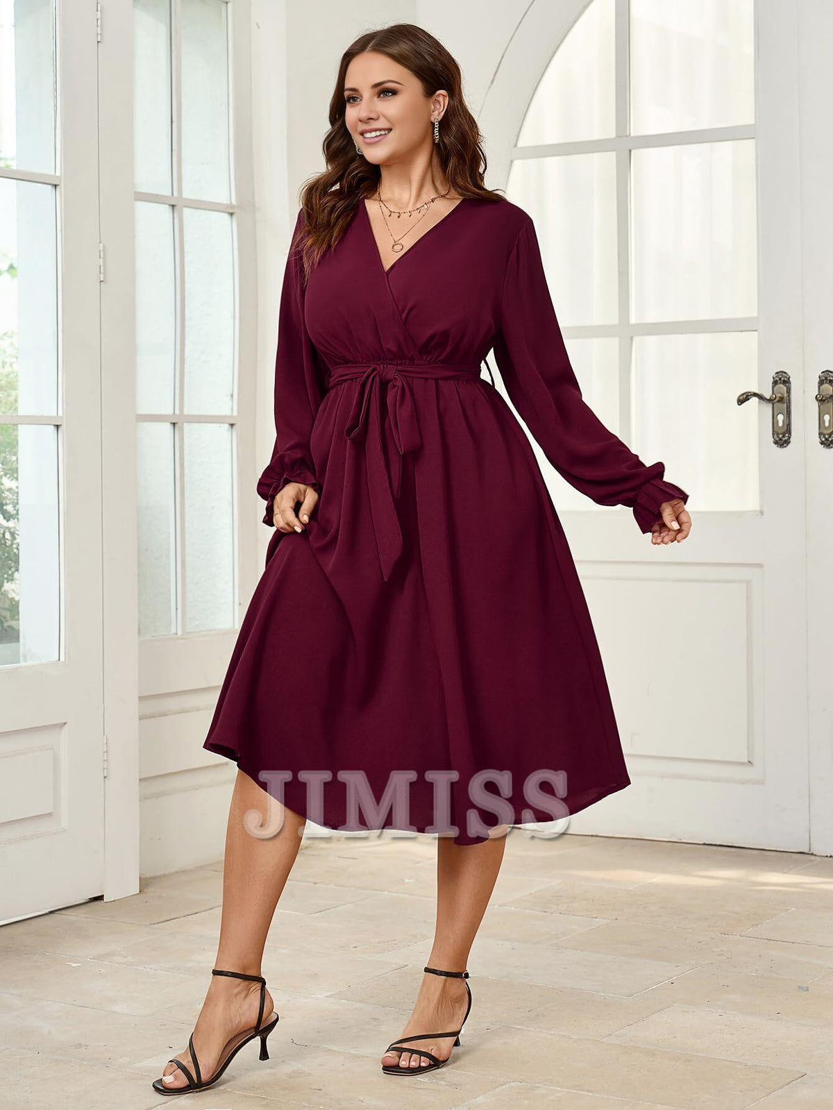 A-Line V-Neck Long Sleeve Wrap Evening Dress - Chloe Dress