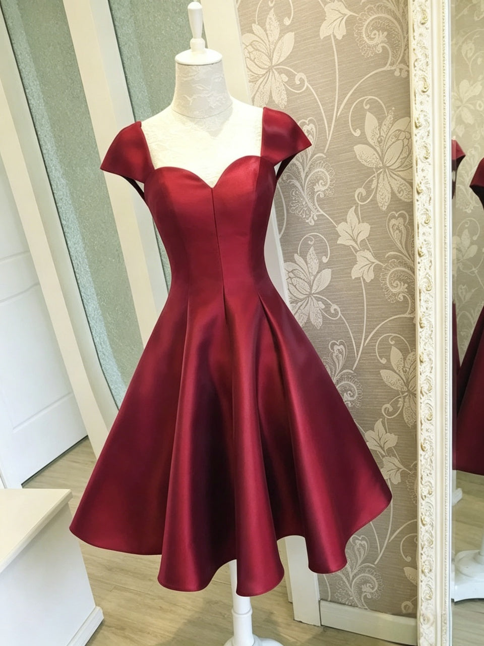 Burgundy A-Line Sweetheart Satin Cap Sleeve Lace-Up Back Mini Homecoming Dress - Chloe Dress