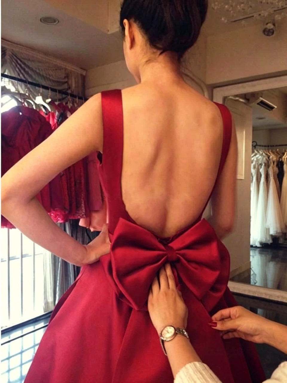 Burgundy A-Line Square Neck Satin Open Back Midi Homecoming Dress - Chloe Dress